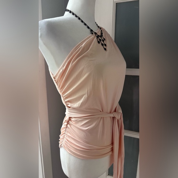 One Shoulder Peach / Cream Stretchy Top with Side Ruching and Matching Belt XL - Picture 2 of 7
